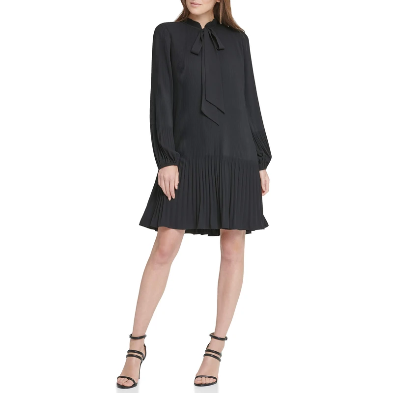 DKNY Women's Long Sleeve Tie Neck Pleated Shift Dress, Black, 14