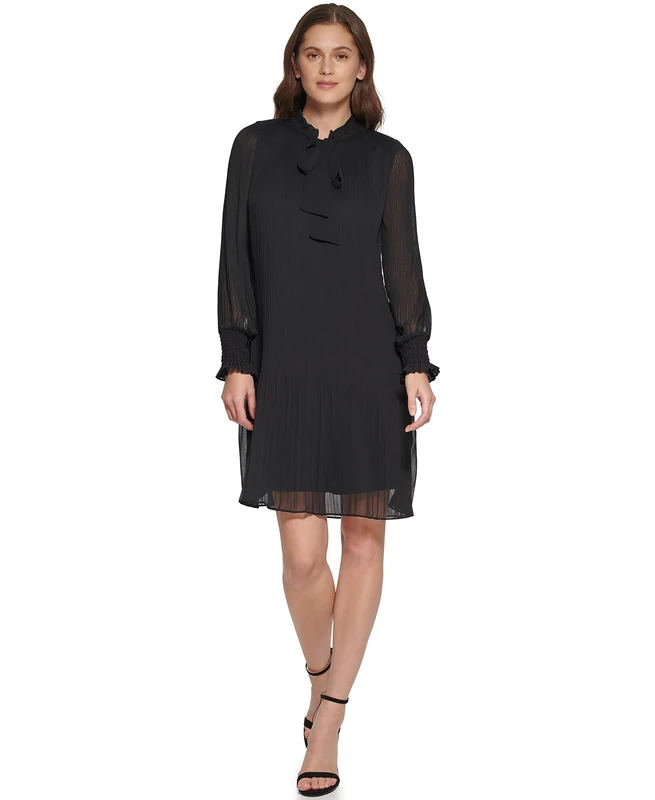 DKNY Women's Long Sleeve Tie Neck Pleated Shift Dress, Black, 16
