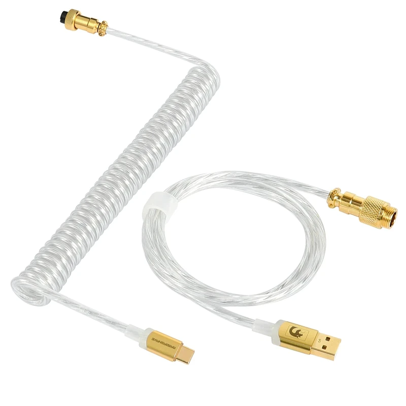 MAMBASNAKE Coiled Keyboard Cable, Pro Custom USB-C Aviator Cable, Type-C to USB-A HyperSpeed Line with 8KHz Return Rate with Gold Aviation Connector for PC Gaming Keyboard-Transparent