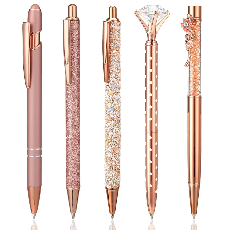 Pinenuts 5 Pieces Ballpoint Pens for Women Bling Metal Pens Elegant Diamond Design Stationery Office Desk Accessories Work Leaving Gift Thank You Gifts for Teachers Adults