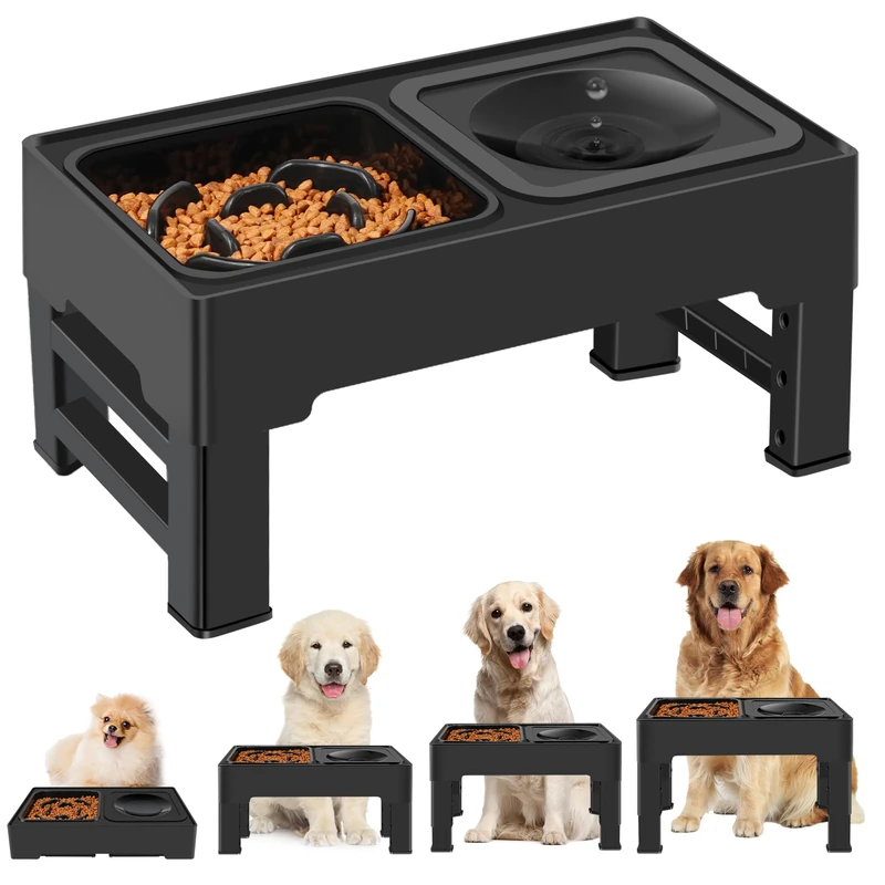ikuso 2-in-1 Elevated Slow Feeder Dog Bowls 4 Height Adjustable Raised Bowls with No Spill Water Bowl and Non-Skid Silicone Mat Non-Toxic,Mess Proof,Non-Tip，Protect Dog Spine