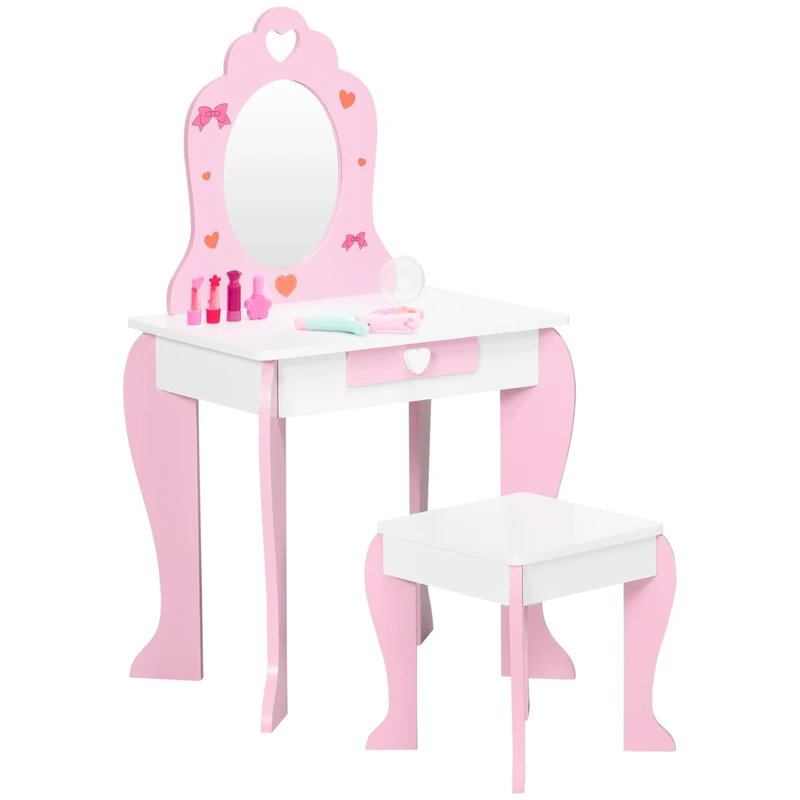 ZONEKIZ Kids Dressing Table with Mirror and Stool, Vanity Set w/Love Heart and Bow Design, Girl Makeup Desk w/Drawer, for Ages 3-6 Years - Pink