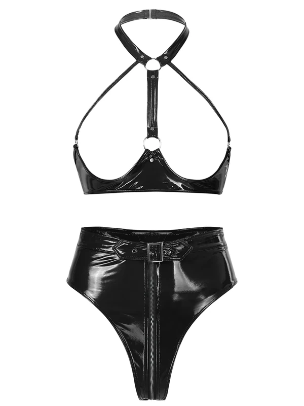 CHICTRY Womens 2 Piece Vinyl Lingerie Set - Black M