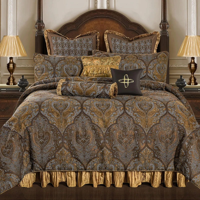 Loom and Mill Ultra Soft Damask Bedding with Euro Shams, Bedskirt, Filled Decorative Pillows Cambridge, Synthetic Fiber, Bronze Gold, King