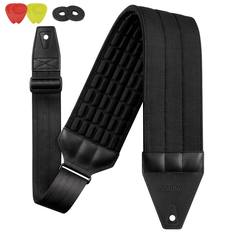 Amumu AIRAFT Bass & Guitar Strap 4" Ultra Wide - 0.7" Thick Breathable Convex 3D Air Cell Cushions - Neoprene Padding - Cotton Canvas Top - Adjustable Length 39"-45"(Short)