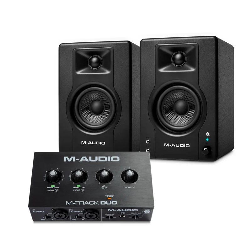 M-AUDIO BX3 Pair Bluetooth Studio Monitors Bundle with Dual XLR Audio Interface for Studio Recording, Music Production, Podcasting, Streaming