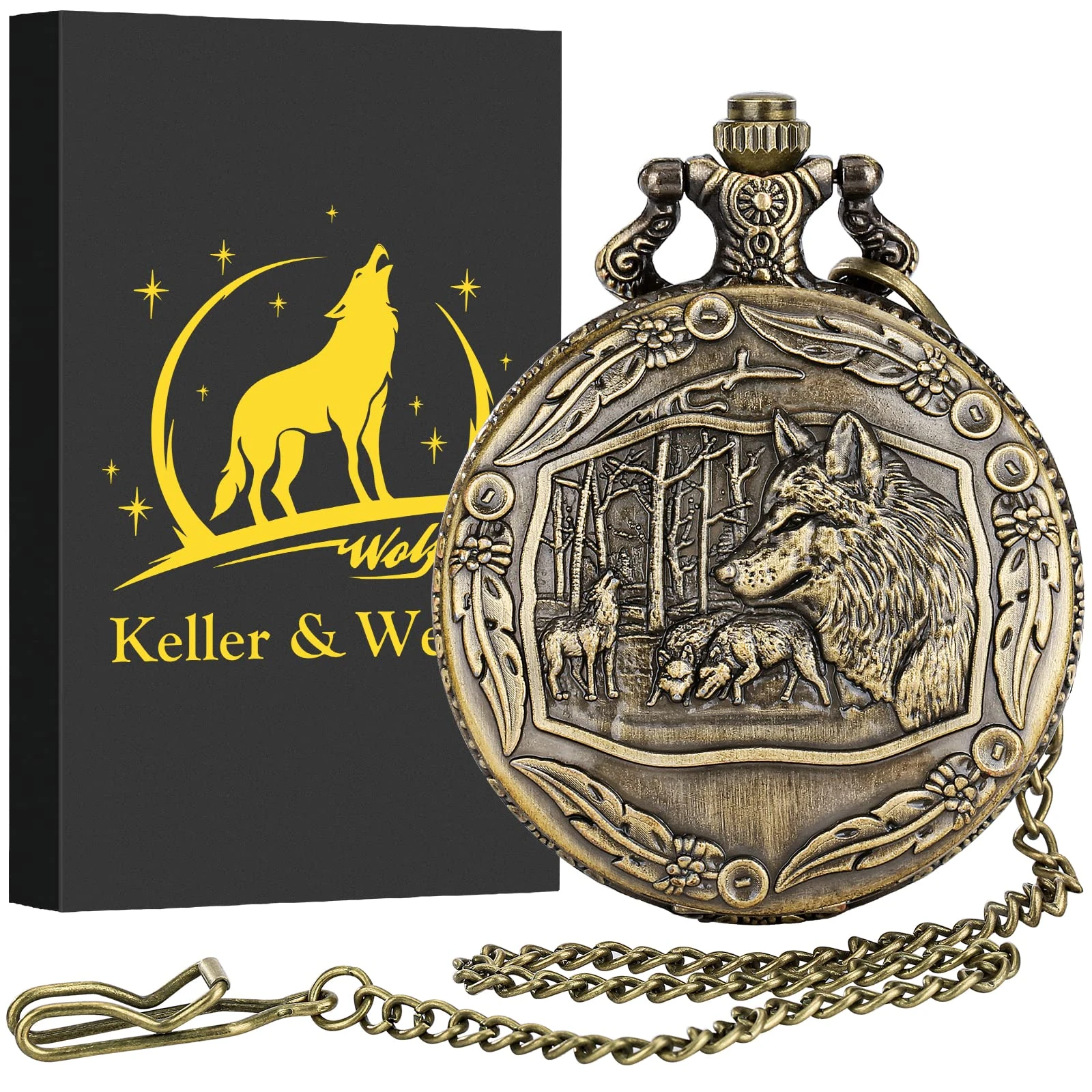 Keller & Weber Vintage Wolf Pocket Watches for Men, FOB Pocket Watch with Chain, Wolf Gifts for Men, Valentines and Birthday Gift Box and Card