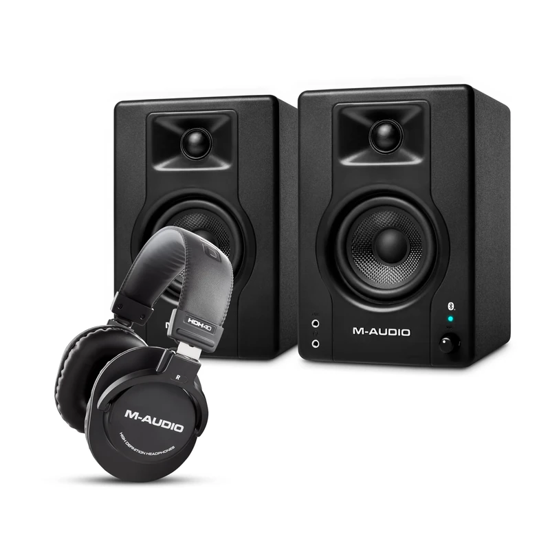 M-AUDIO BX3 Pair Bluetooth Studio Monitors Bundle with Headphones for Studio Recording, Music Production, Podcasting, Streaming