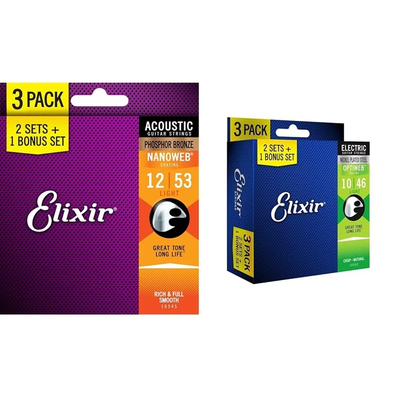 Elixir Strings 16545 Phosphor Bronze Acoustic Guitar Strings with Nanoweb Coating, Set of 3 Pieces & Strings 16552 Nickel Plated Steel Electric Guitar Strings with Optiweb Coating, Set of 3 Pieces