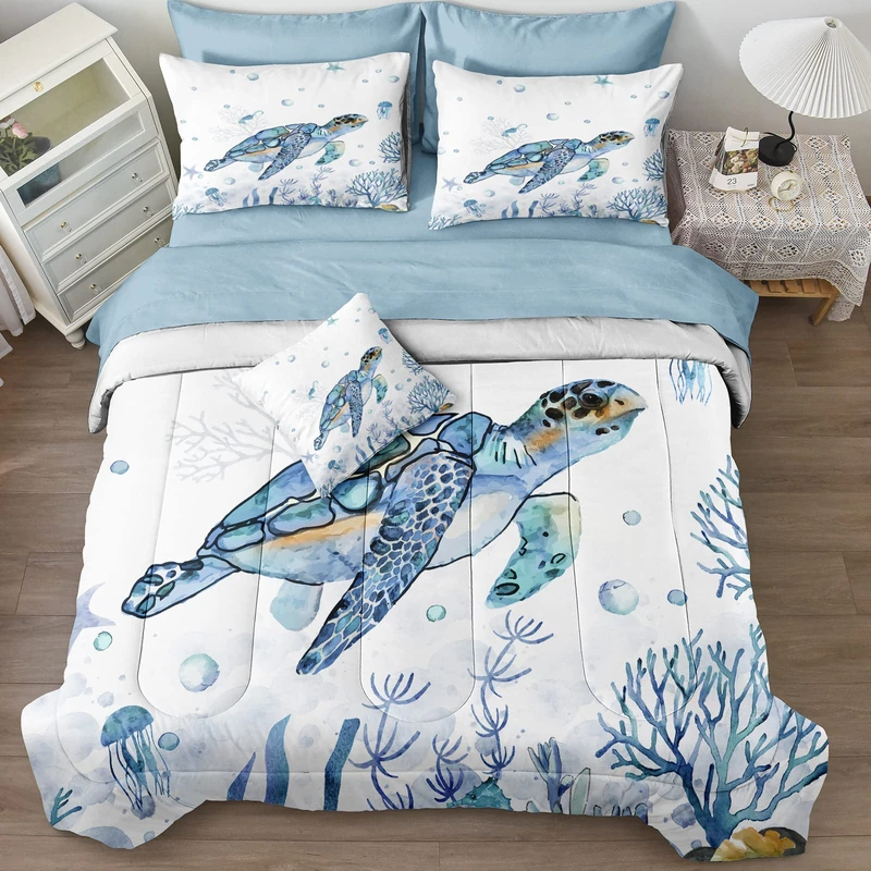 Ocean Themed Bedding Sets - 8 Pieces Queen Bed in A Bag - Teal Blue Turtle & Sea Horse Animal Cartoon Pattern Beach Coastal Bedding Comforter