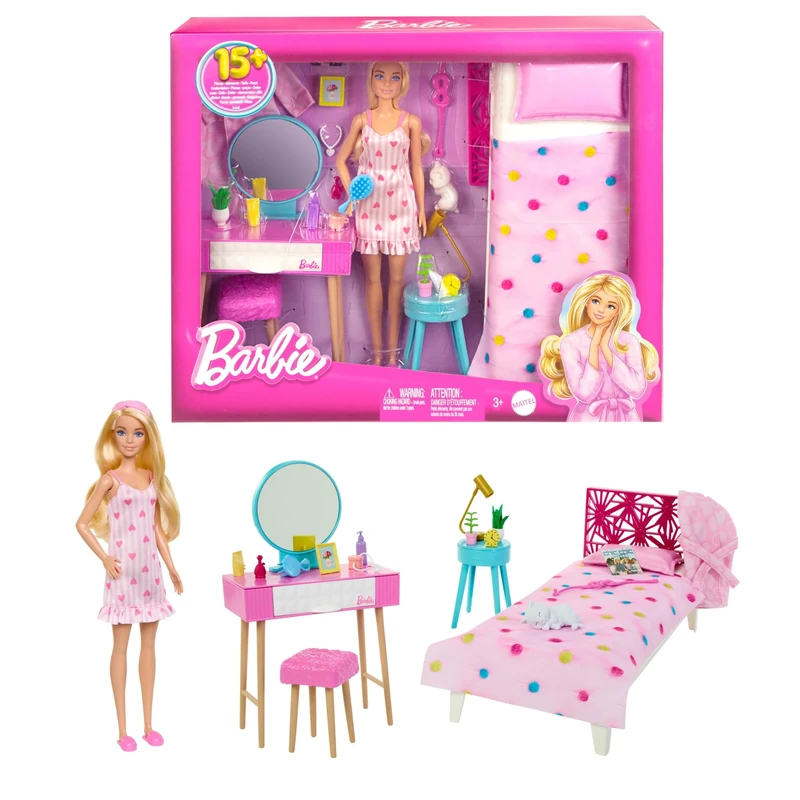 Barbie Doll and Bedroom Playset, Barbie Furniture and 20+ Storytelling Accessories Including Robe and Kitten, HPT55
