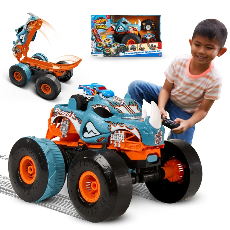 Hot Wheels Monster Trucks Remote Control Car, HW Transforming Rhinomite in 1:12 Scale with 1:64 Scale Race Ace Toy Truck, Converts into Launcher, Connects to Orange Track, HPK27