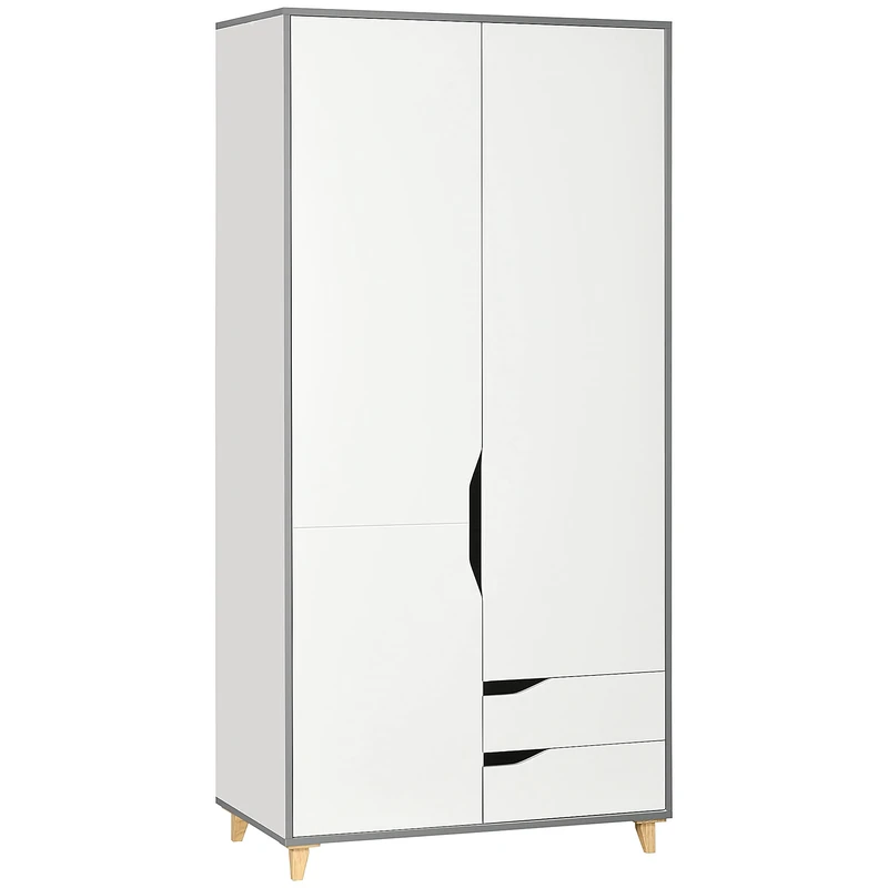 HOMCOM 2 Door Wardrobe with 2 Drawers, Storage Cupboard with Clothes Hanging Rail, Shelves and Anti-tipping Design, Modern Bedroom Furniture, White