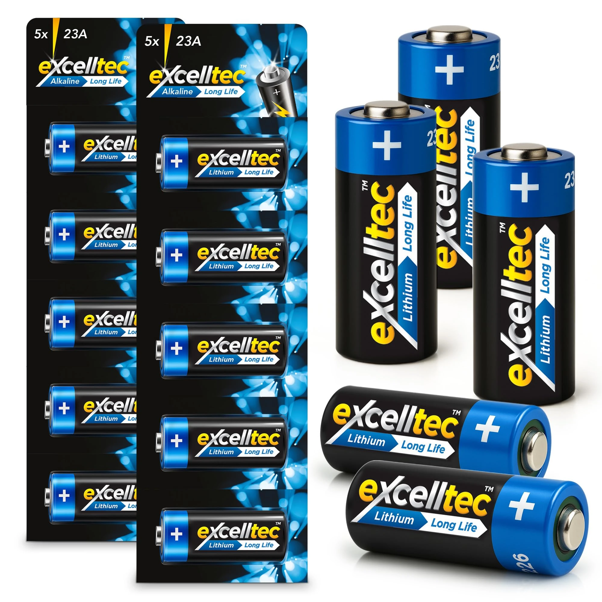 Excelltec 10pk 23A 12V Alkaline Batteries, 23A Battery for Doorbells, Garage Doors & Key Fobs, 10x28mm Long Lasting Battery, Compatible to Wide Range of Devices