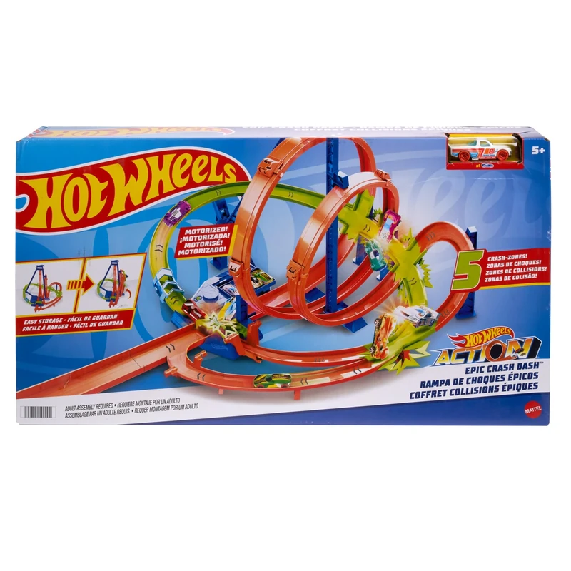 Hot Wheels -Track Set, Epic Crash Dash with 5 Crash Zones, Motorized Booster and 1 Hot Wheels 1:64 Scale Toy Car, Easy Storage, HTP55