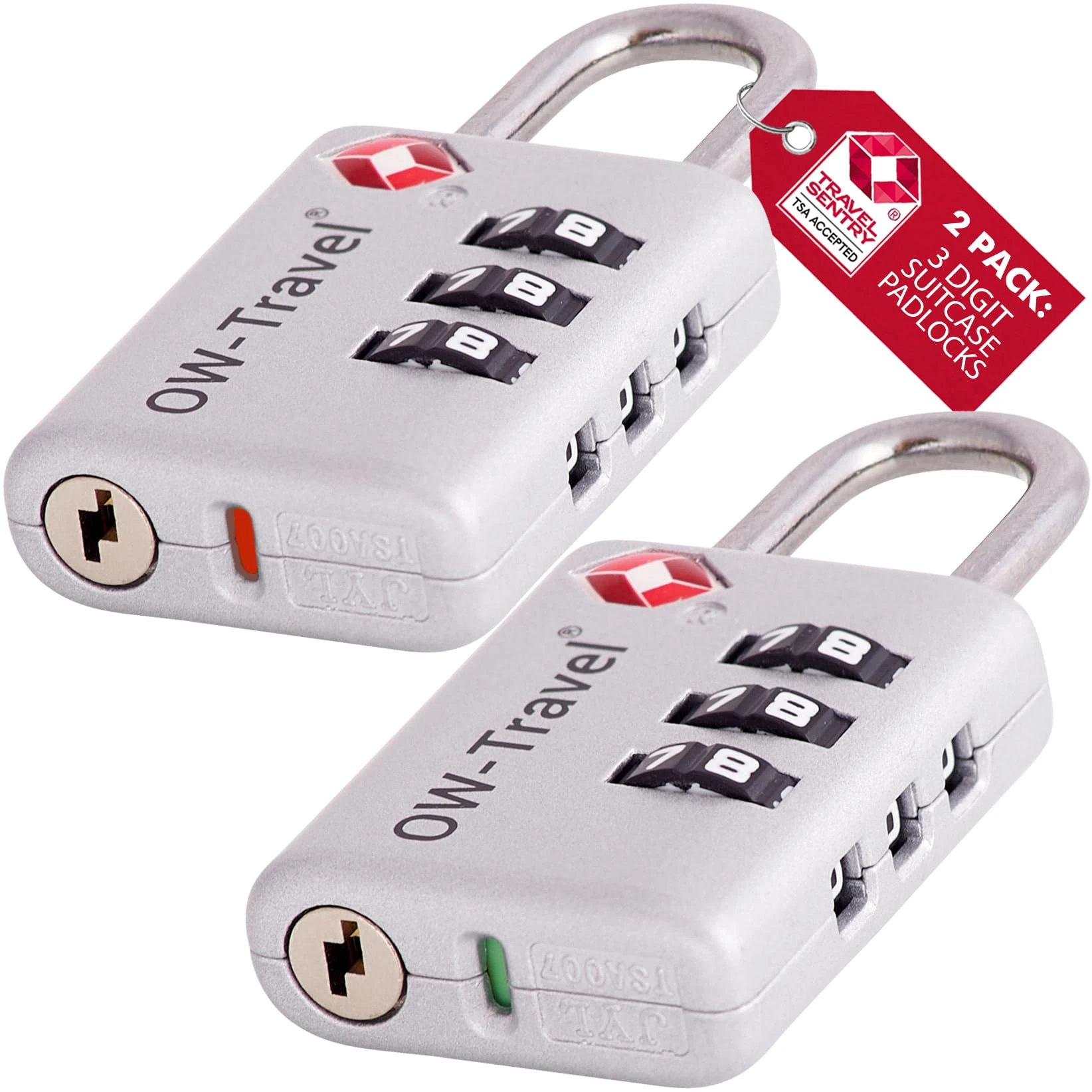 OW-Travel TSA Approved Luggage Locks Suitcase Locks with Open Alert (2 Pack Silver) 3 Digit Security Suitcase Padlock. Travel Bag Combination Luggage Padlocks for Suitcases. Bags Case TSA Travel Lock