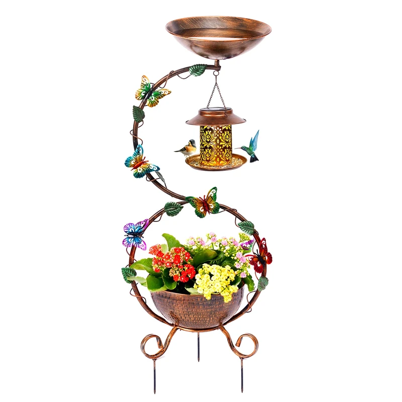 YADOOLIFE 37.8" Bird Bath and Solar Bird Feeders Combo with Flower Planter Pedestal, Metal Bird Baths for Outdoors, Decorative Birdbath with Butterfly for Outside Garden Yard, Weather Resistant
