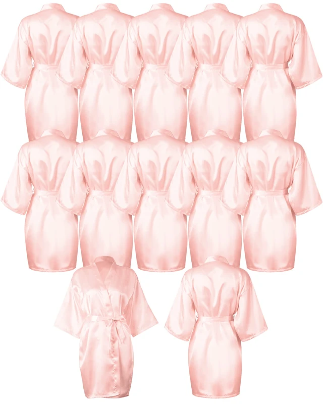 Patelai 12 Pcs Kimono Robes for Women Silky Bride Bridesmaids Robe Lightweight V Neck Satin Robe for Wedding Bridal Birthday Party, Pink, One Size