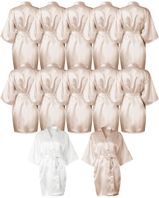 Patelai 12 Pcs Kimono Robes for Women Silky Bride Bridesmaids Robe Lightweight V Neck Satin Robe for Wedding Bridal Birthday Party, White, Champagne, One Size