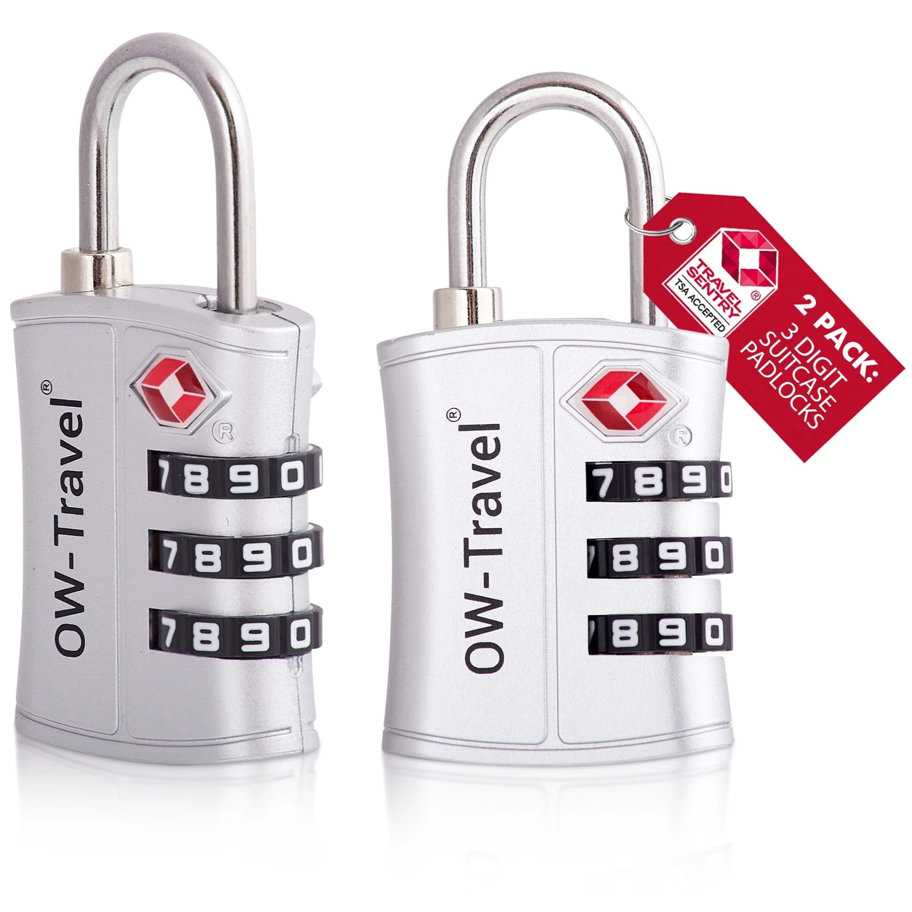 OW-Travel TSA Approved Luggage Locks Suitcase Locks (2 Pack Silver) ABS Plastic 3 Digit Security Suitcase Padlock. Travel Bag Combination Luggage Padlocks for Suitcases. TSA Travel Lock for Bags Cases