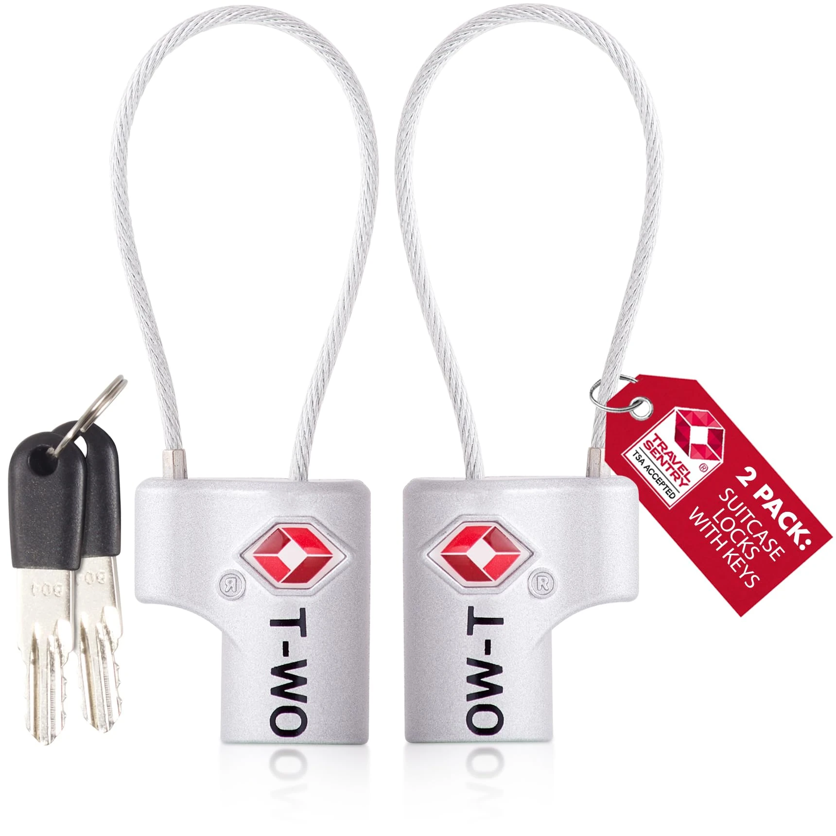 OW-Travel TSA Approved Luggage Locks Suitcase Locks (2 Pack) Cable Padlock with Keys Made from Heavy Duty Zinc Alloy for Suitcase, Zipper, Luggage, Bag, Case, Backpack, Gym Locker, Tool Box (Silver)