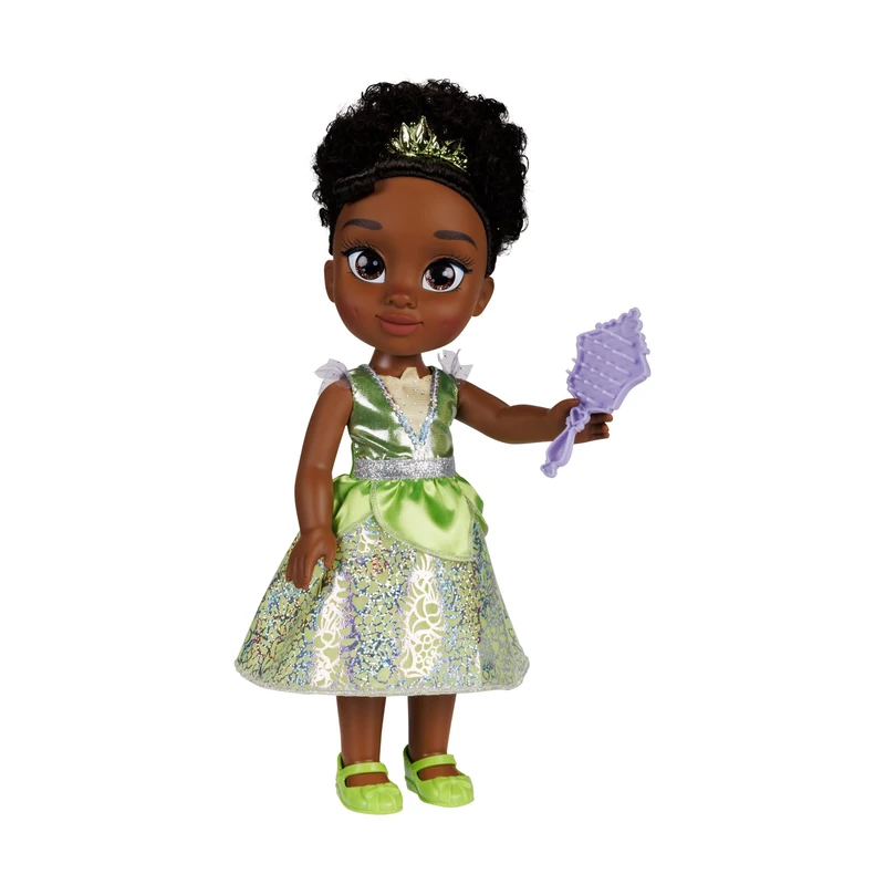 Disney Princess Tiana Fashion Doll, 14” / 35cm Tall Doll with Royal Reflection Eyes Includes Shimmery Platinum Holofoil Printed Removable Dress, Shoes, Tiara and Brush, Perfect for Girls Ages 3+