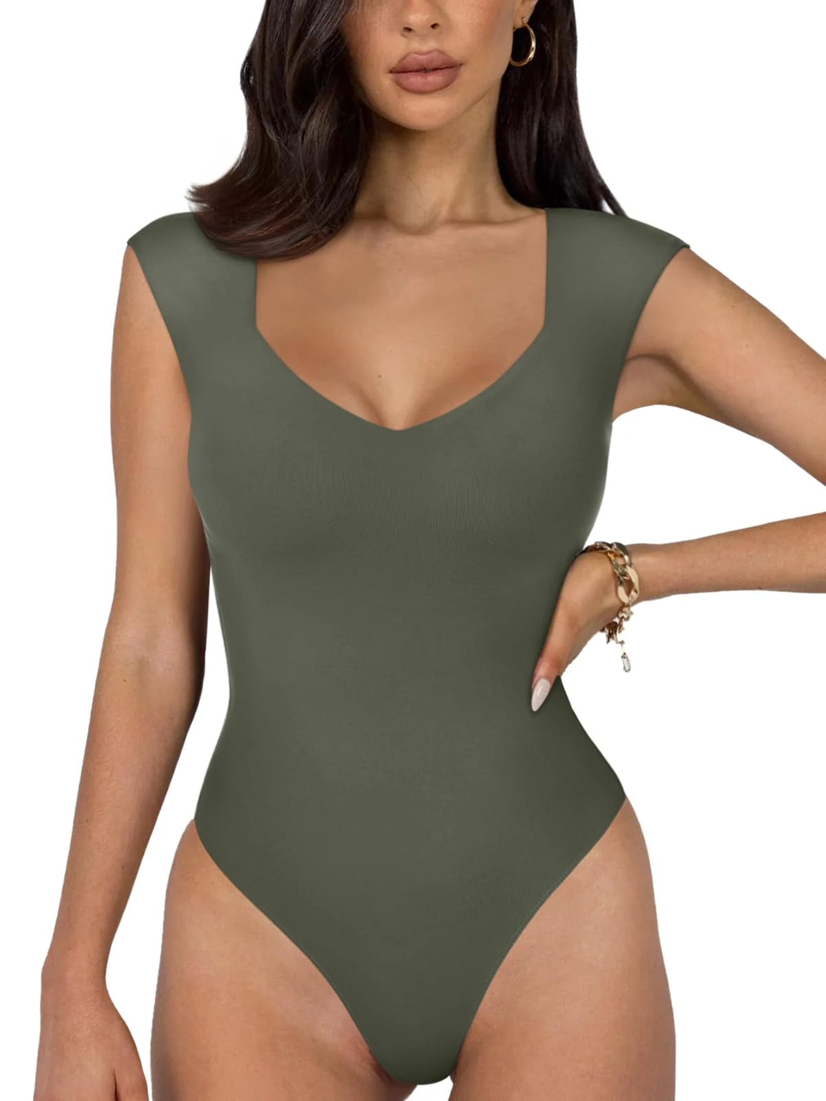 REORIA Women's Summer Sexy Casual V Neck Double Lined Seamless Sleeveless Slimming One Piece Leotards Going Out Trendy Tank Top Tees Thong Bodysuits Grey Green Small