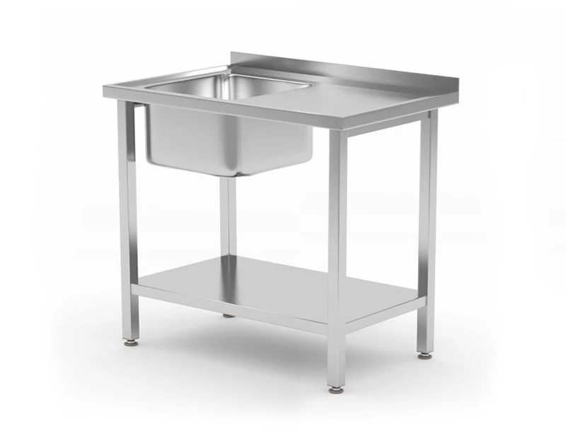 HENDI Single Sink with Shelf for Self-Assembly Adjustable Feet Basin Size: 400 x 400 x 250 mm Drain Diameter 55 mm Opening for Taps Diameter 30 mm 800 x 600 x (H) 850 mm Stainless Steel
