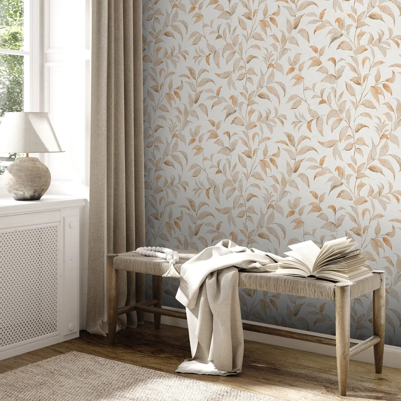 Livingwalls Premium Wall 2 389623 Non-Woven Wallpaper with Leaves Design 10.05 m x 0.53 m Made in Germany Orange White