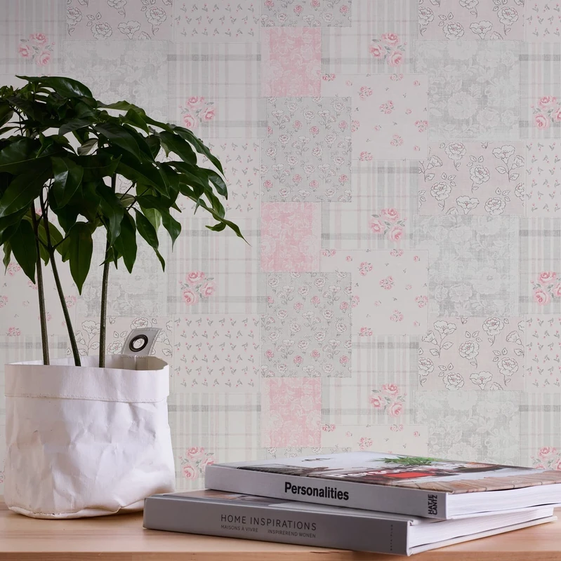 A.S. Création Maison Charme 390663 Non-Woven Wallpaper Patchwork 10.05 m x 0.53 m Made in Germany Grey Red White Flowers - Image 1