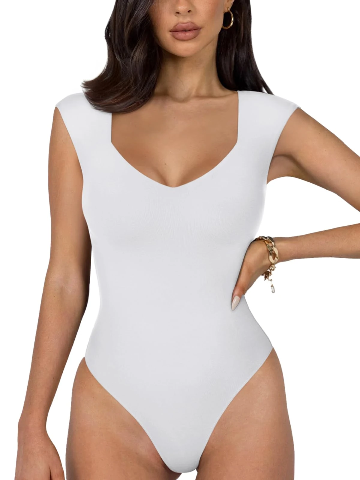 REORIA Women's Summer Sexy Casual V Neck Double Lined Seamless Sleeveless Slimming One Piece Leotards Going Out Trendy Tank Top Tees Thong Bodysuits White Medium