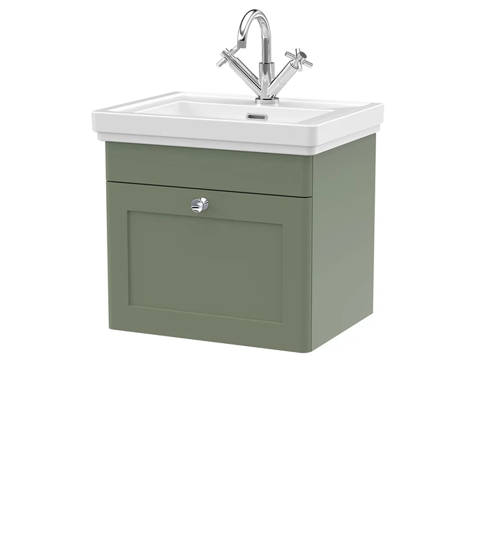 nuie CLC891A Classique Traditional Bathroom Wall Hung 1 Drawer Vanity Unit with 1 Tap Hole Fireclay Basin, 500mm, Satin Green
