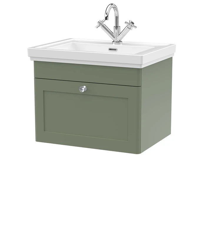 nuie CLC894A Classique Traditional Bathroom Wall Hung 1 Drawer Vanity Unit with 1 Tap Hole Fireclay Basin, 600mm, Satin Green