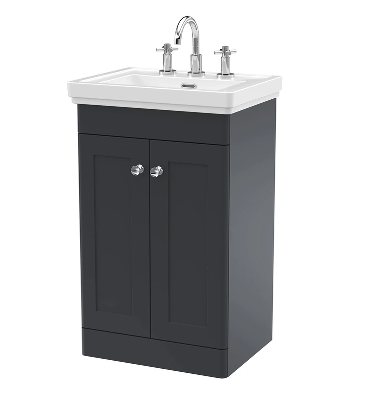 nuie Traditional Bathroom Floor Standing 2 Door Vanity Unit with 3 Tap Hole Fireclay Basin, 500mm, Soft Black