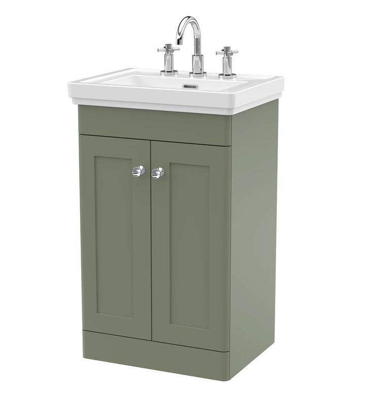 nuie CLC823B Classique Traditional Bathroom Floor Standing 2 Door Vanity Unit with 3 Tap Hole Fireclay Basin, 500mm, Satin Green