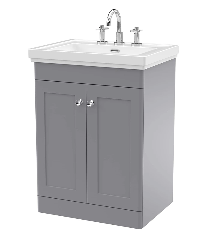 nuie CLC225B Classique Traditional Bathroom Floor Standing 2 Door Vanity Unit with 3 Tap Hole Fireclay Basin, 600mm, Satin Grey