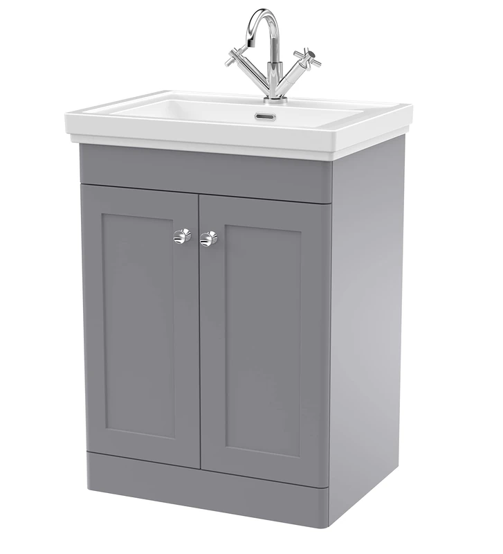 nuie CLC225A Classique Traditional Bathroom Floor Standing 2 Door Vanity Unit with 1 Tap Hole Fireclay Basin, 600mm, Satin Grey