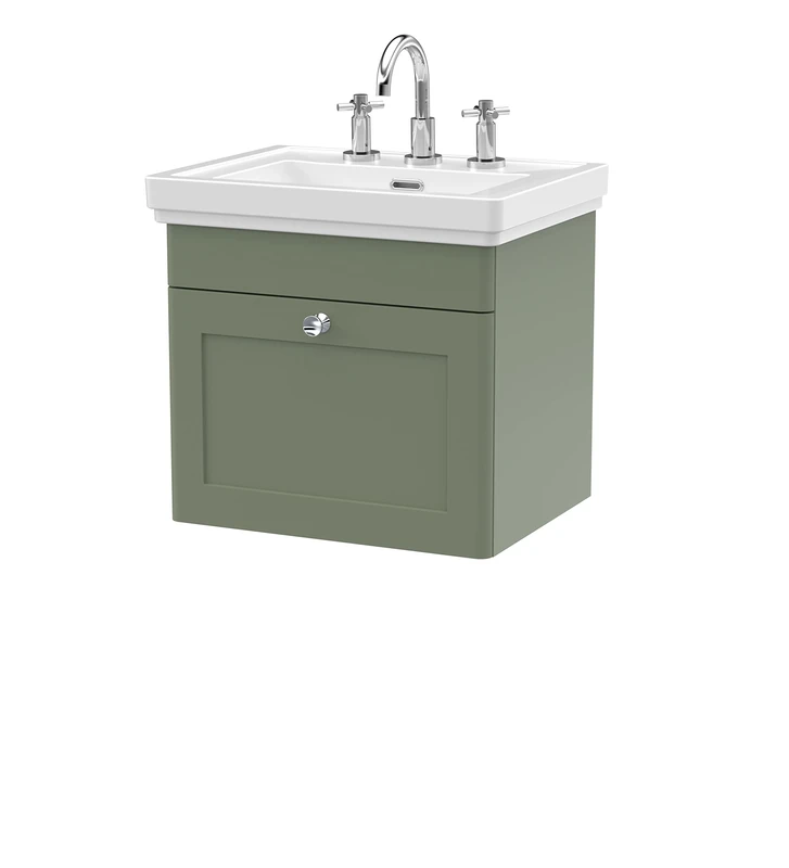 nuie CLC891B Classique Traditional Bathroom Wall Hung 1 Drawer Vanity Unit with 3 Tap Hole Fireclay Basin, 500mm, Satin Green