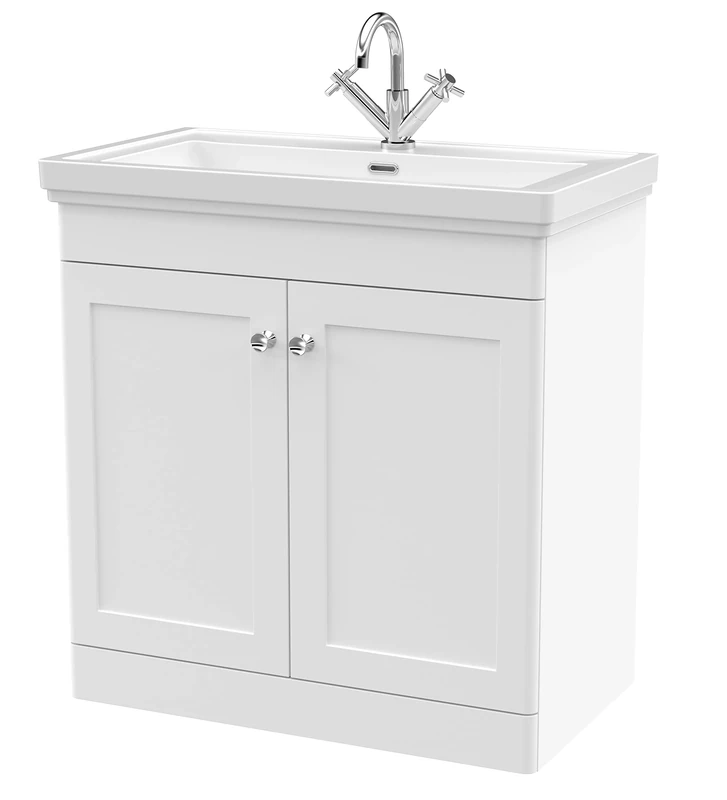 nuie CLC126A Classique Traditional Bathroom Floor Standing 2 Door Vanity Unit with 1 Tap Hole Fireclay Basin, 800mm, Satin White