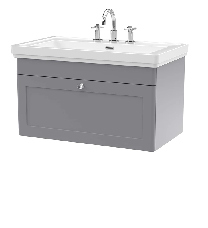 nuie CLC296B Classique Traditional Bathroom Wall Hung 1 Drawer Vanity Unit with 3 Tap Hole Fireclay Basin, 800mm, Satin Grey