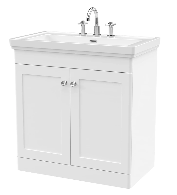 nuie CLC126B Classique Traditional Bathroom Floor Standing 2 Door Vanity Unit with 3 Tap Hole Fireclay Basin, 800mm, Satin White
