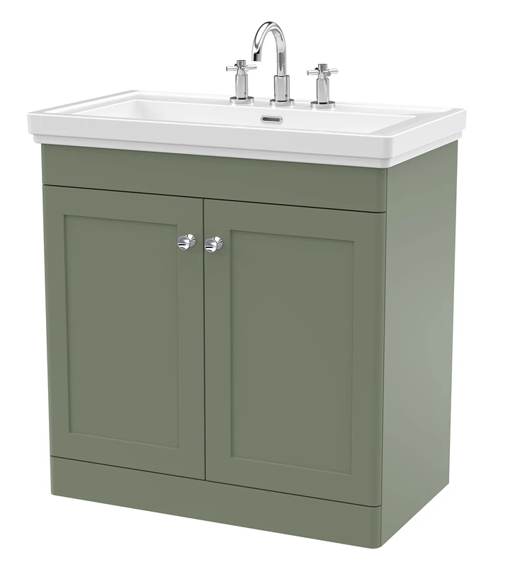 nuie CLC826B Classique Traditional Bathroom Floor Standing 2 Door Vanity Unit with 3 Tap Hole Fireclay Basin, 800mm, Satin Green