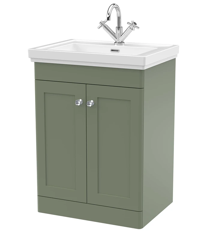 nuie CLC825A Classique Traditional Bathroom Floor Standing 2 Door Vanity Unit with 1 Tap Hole Fireclay Basin, 600mm, Satin Green