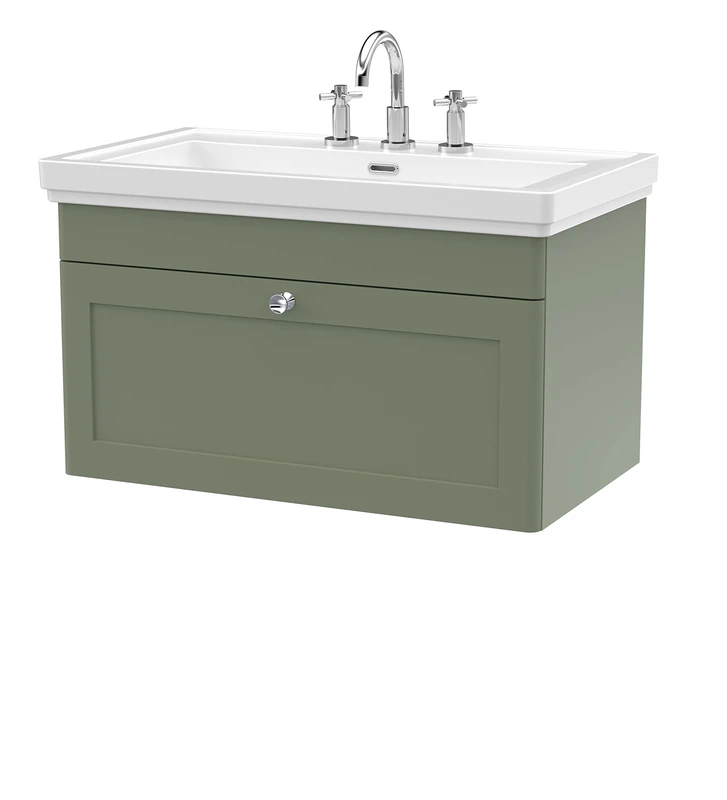 nuie CLC896B Classique Traditional Bathroom Wall Hung 1 Drawer Vanity Unit with 3 Tap Hole Fireclay Basin, 800mm, Satin Green