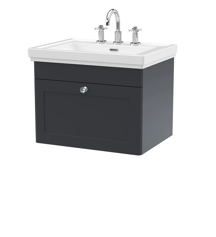 nuie CLC1494B Classique Traditional Bathroom Wall Hung 1 Drawer Vanity Basin Unit with 3 Tap Hole Fireclay Basin, 600mm, Soft Black