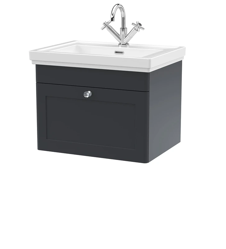nuie CLC1494A Classique Traditional Bathroom Wall Hung 1 Drawer Vanity Basin Unit with 1 Tap Hole Fireclay Basin, 600mm, Soft Black