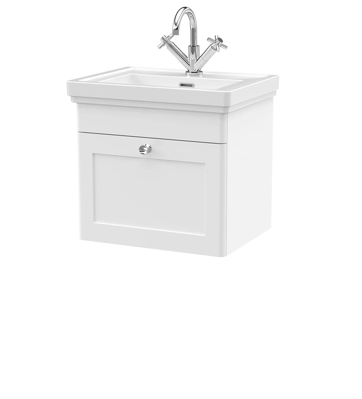 nuie CLC191A Classique Traditional Bathroom Wall Hung 1 Drawer Vanity Unit with 1 Tap Hole Fireclay Basin, 500mm, Satin White