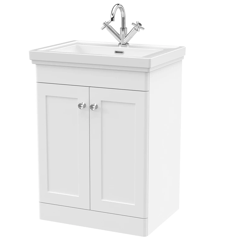nuie CLC125A Classique Traditional Bathroom Floor Standing 2 Door Vanity Basin Unit with 1 Tap Hole Fireclay Basin, 600mm, Satin White
