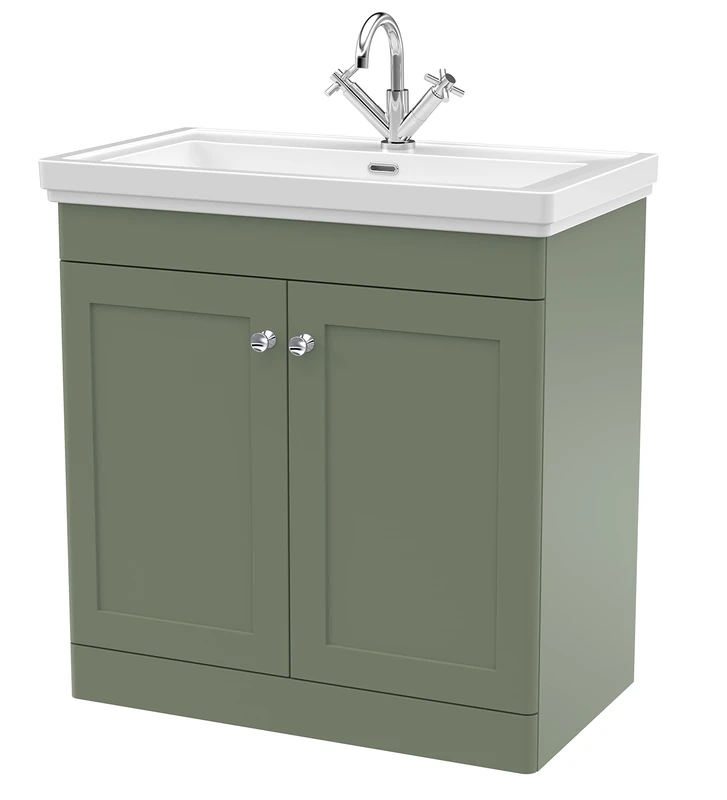 nuie CLC826A Classique Traditional Bathroom Floor Standing 2 Door Vanity Unit with 1 Tap Hole Fireclay Basin, 800mm, Satin Green