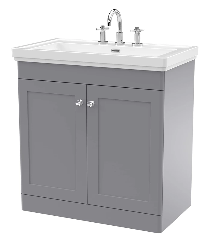 nuie CLC226B Classique Traditional Bathroom Floor Standing 2 Door Vanity Unit with 3 Tap Hole Fireclay Basin, 800mm, Satin Grey, Medium